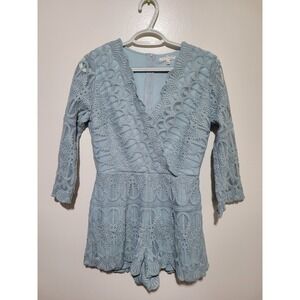 Bae Vely Light Blue Lace Crochet V Neck 3/4 Sleeve Romper Jumpsuit Women's S